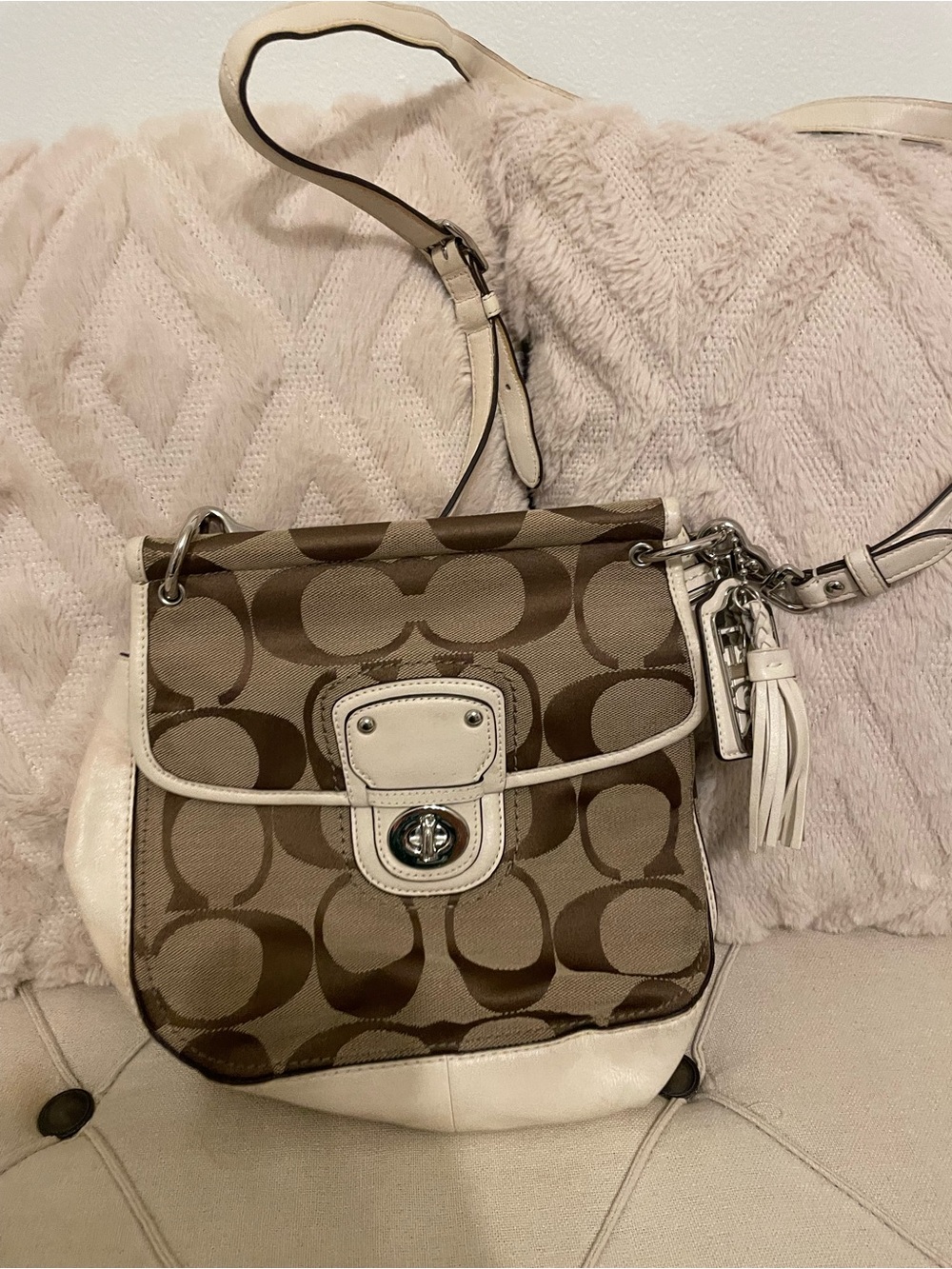 Coach Brown Signature Canvas Crossbody with Chalk Leather Trim